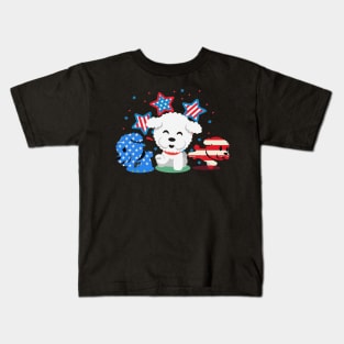 Cute Red White Blue Bichon Frise Fireworks Us Flag Kids T-Shirt